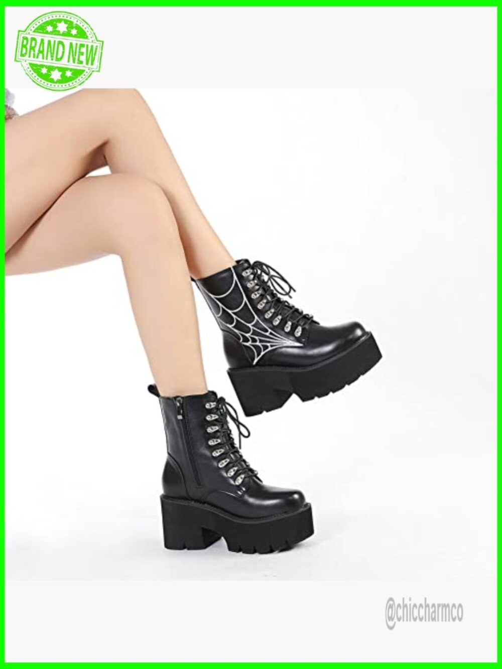 Women's Chain Platform Boots Lace Up Chunky Heel Combat Ankle Booties Studded - Picture 6 of 7